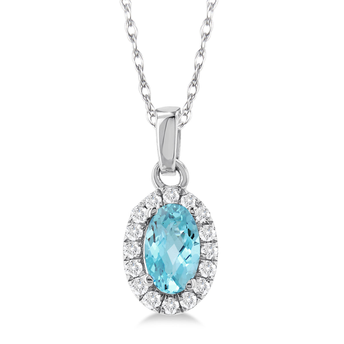10Kt White Gold Center Of My World Aquamarine and Natural Diamond Halo Pendant