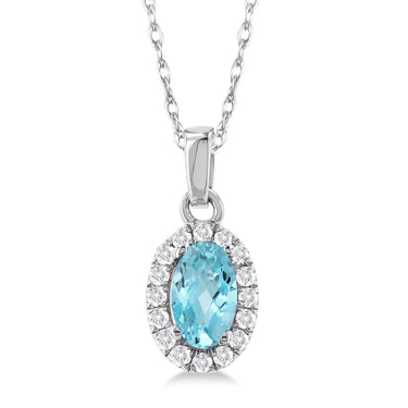 10Kt White Gold Center Of My World Aquamarine and Natural Diamond Halo Pendant