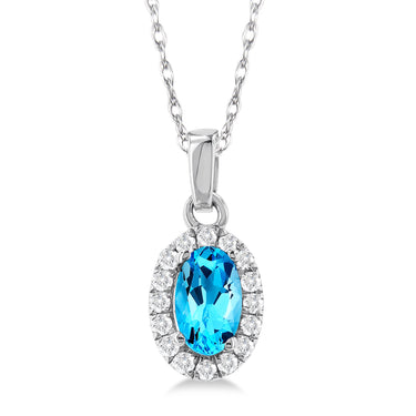 10Kt White Gold Center Of My World Blue Topaz and Natural Diamond Halo Pendant