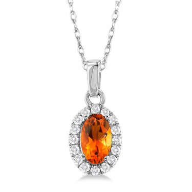 10Kt White Gold Halo Birthstone Pendant with 5x3mm Oval Citrine and .07cttw Natural Diamonds (Color H-I, Clarity SI2)  on an 18" Chain