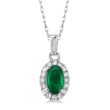 10Kt White Gold Center Of My World Halo Pendant with Emerald and Natural Diamonds