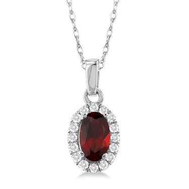 10Kt White Gold Halo Birthstone Pendant with 5x3mm Oval Garnet and .07cttw Natural Diamonds (Color H-I, Clarity SI2)  on an 18" Chain