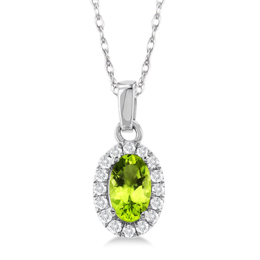10Kt White Gold Halo Birthstone Pendant with 5x3mm Oval Peridot and .07cttw Natural Diamonds (Color H-I, Clarity SI2)  on an 18" Chain