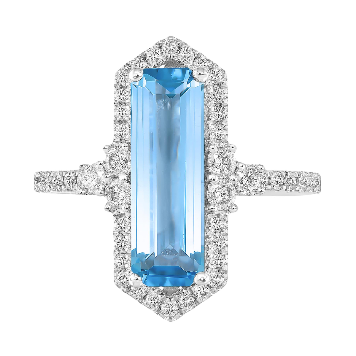 14Kt White Gold 3.07Ct  Designer Cut Blue Topaz and Diamond Ring