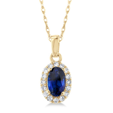 10Kt Yellow Gold Halo Birthstone Pendant with 5x3mm Oval Sapphire and .07cttw Natural Diamonds (Color H-I, Clarity SI2)  on an 18" Chain