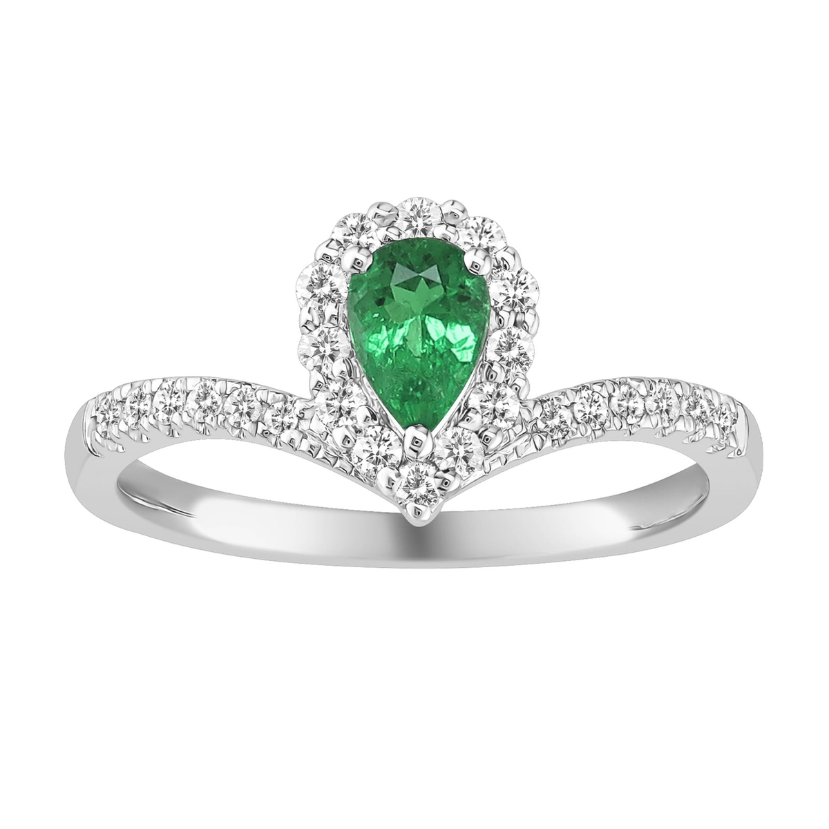 14Kt White Gold .35Ct Pear Shaped Emerald and Diamond Chevron Ring