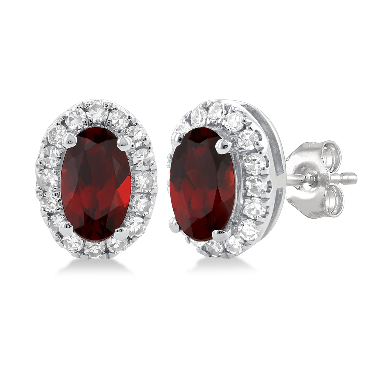 10Kt White Gold Oval Halo Stud Earrings with 5x3mm Garnet, 32.13cttw Natural Diamonds (Color I-J, Clarity I1), and Locking Friction Backs