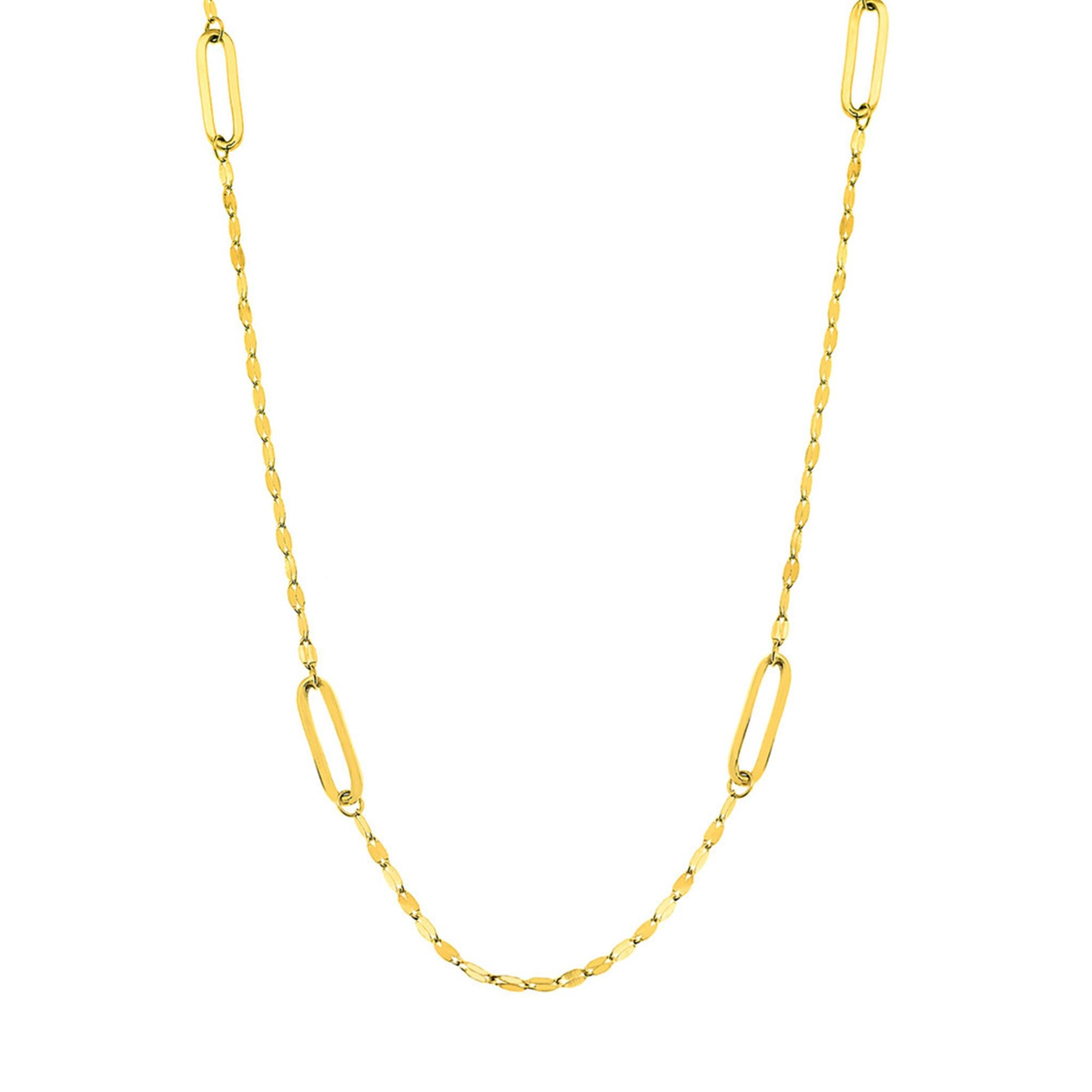 18" 14K Yellow Gold Hammered Long Paperclip Link Station Necklace