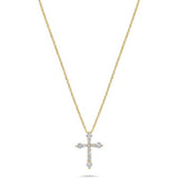 Yellow gold cross pendant necklace with round diamond accents on a delicate chain.