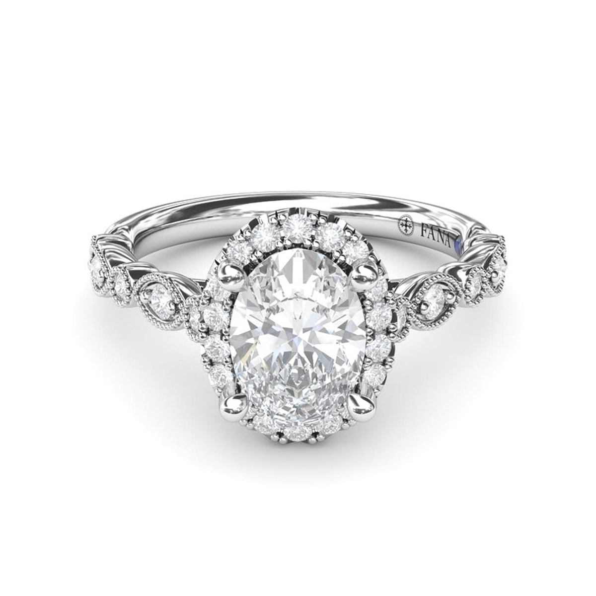 FANA 14Kt White Gold Halo Engagement Ring Mounting - Oval Round Center Stone Sold Separately