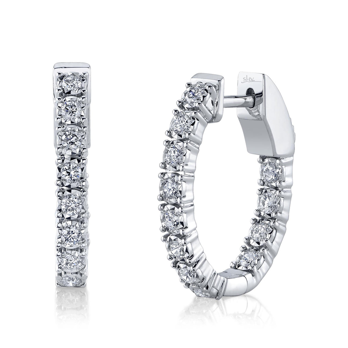 Shy Creation 14Kt White Gold Oval Hoop Earrings with Natural Diamonds