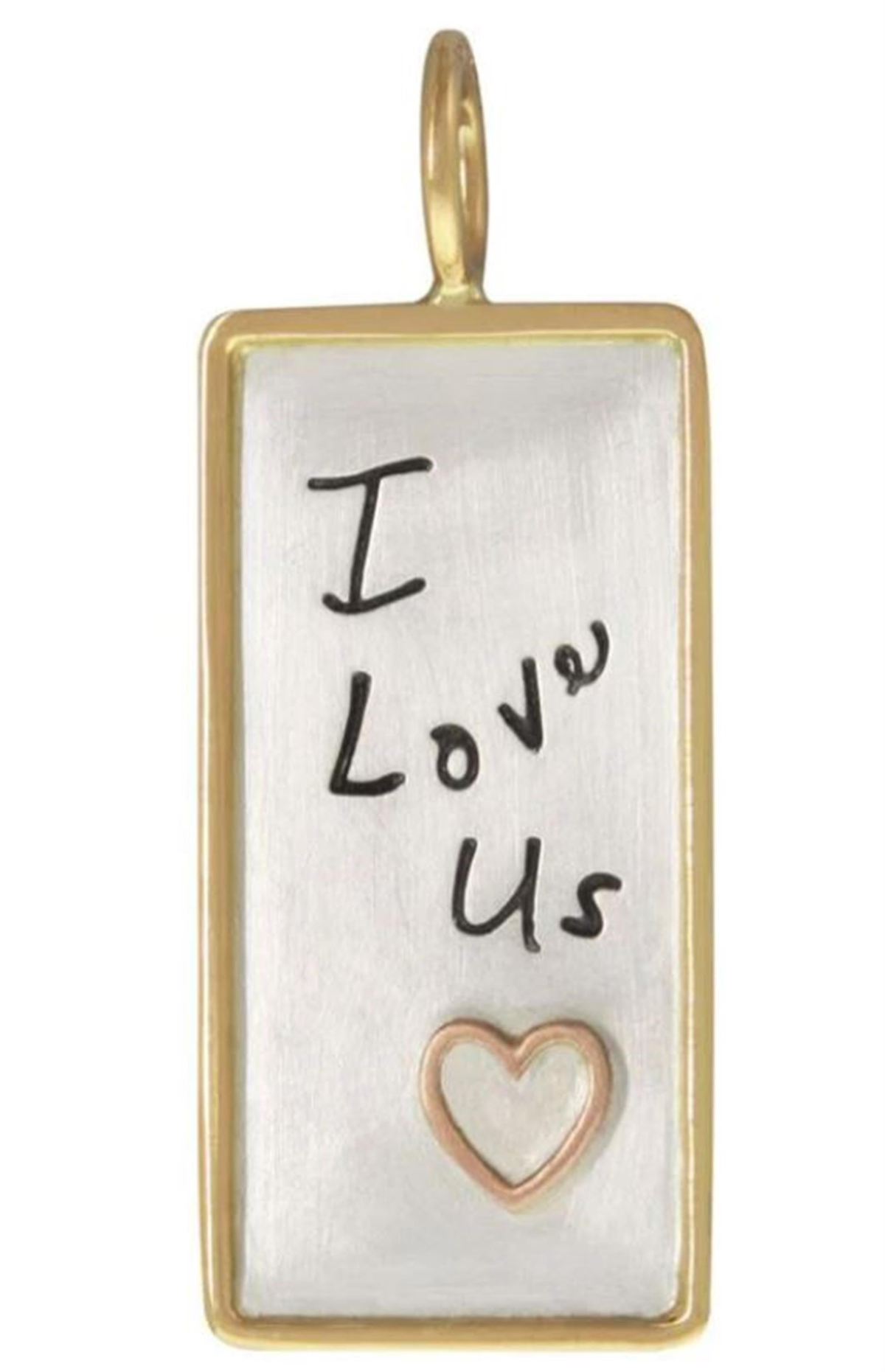 Heather B Moore 19x9.5mm ID Tag in Sterling Silver with a Yellow Gold Frame Stamped "I Love Us