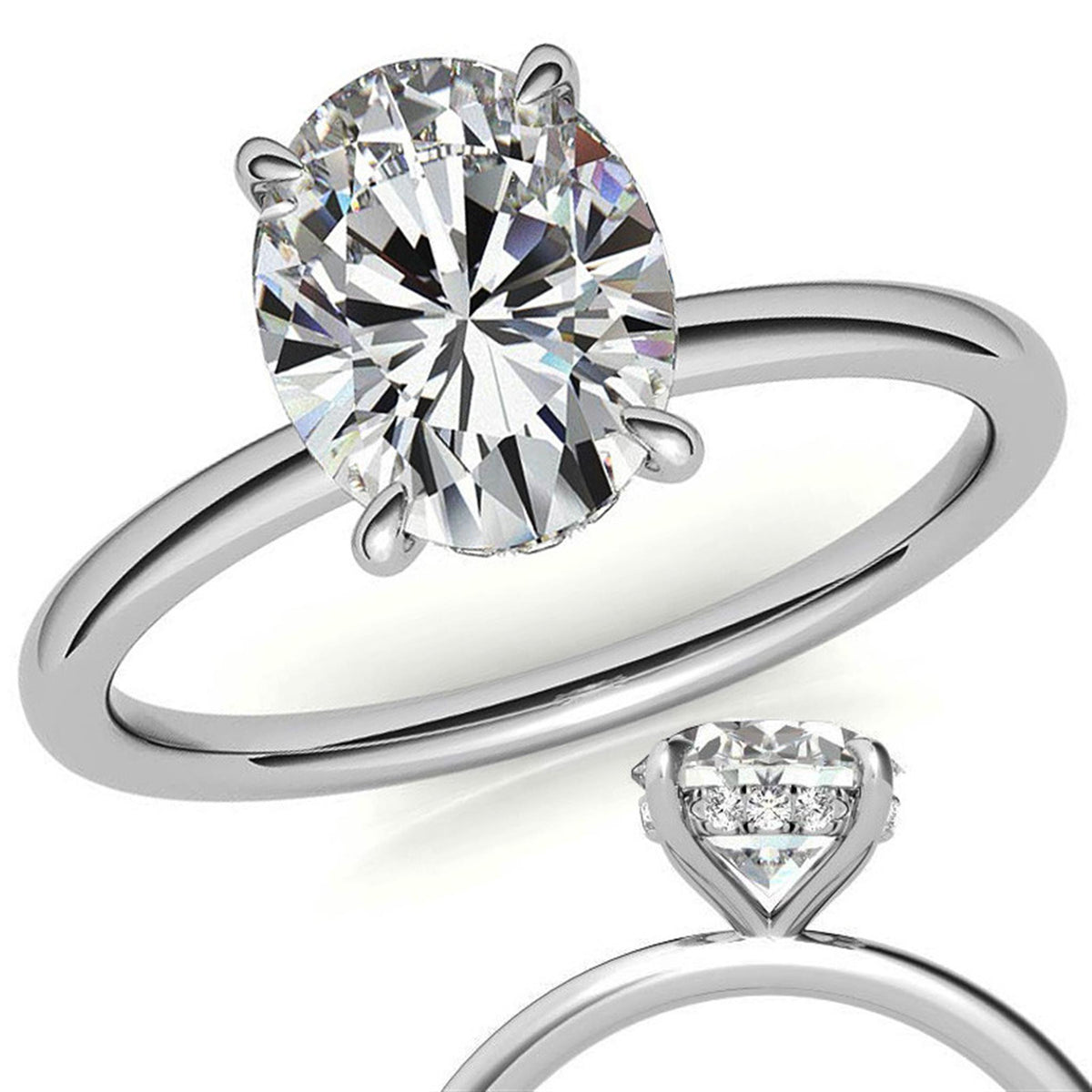18Kt White Gold Hidden Halo Solitaire Ring With 1.00ct Oval Natural Center Diamond