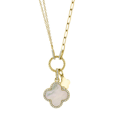 Shy Creations Granada 14K Yellow Gold 18" Mother of Pearl and Diamond Paper Clip Necklace with .17cttw Diamonds
