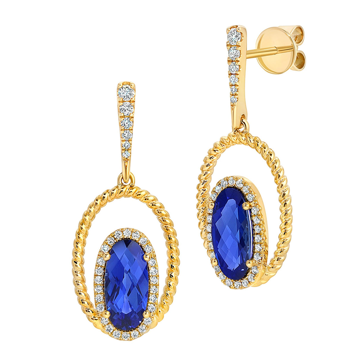 14Kt Yellow Gold Dangle Earrings With 2.16ct Chatham Lab Created Blue Sapphire