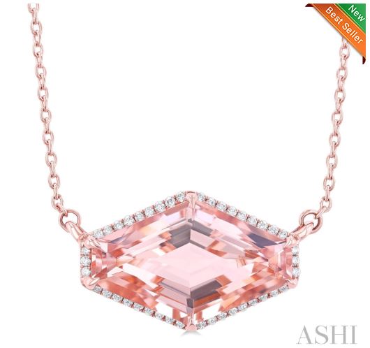 14Kt Rose Gold East-West Halo Pendant with a 16x10mm Hexagonal Shaped Morganite