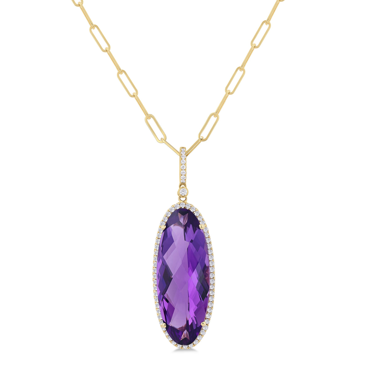 14Kt Yellow Gold Halo Pendant with 26x10mm Oval Amethyst