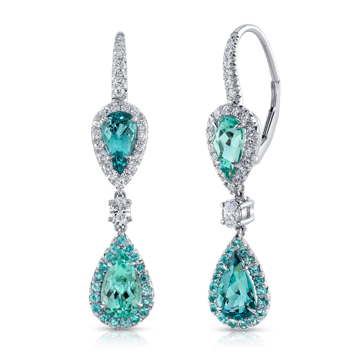 Platinum Dangle Earrings with 4 Pear Shaped Paraiba Tourmalines (22.33cttw  21.62cttw) 38 Paraiba Rounds (.33cttw) and 48 (.44cttw) Natural Diamonds Color: E-F Clarity: VS1 and Diamond Lever Backs