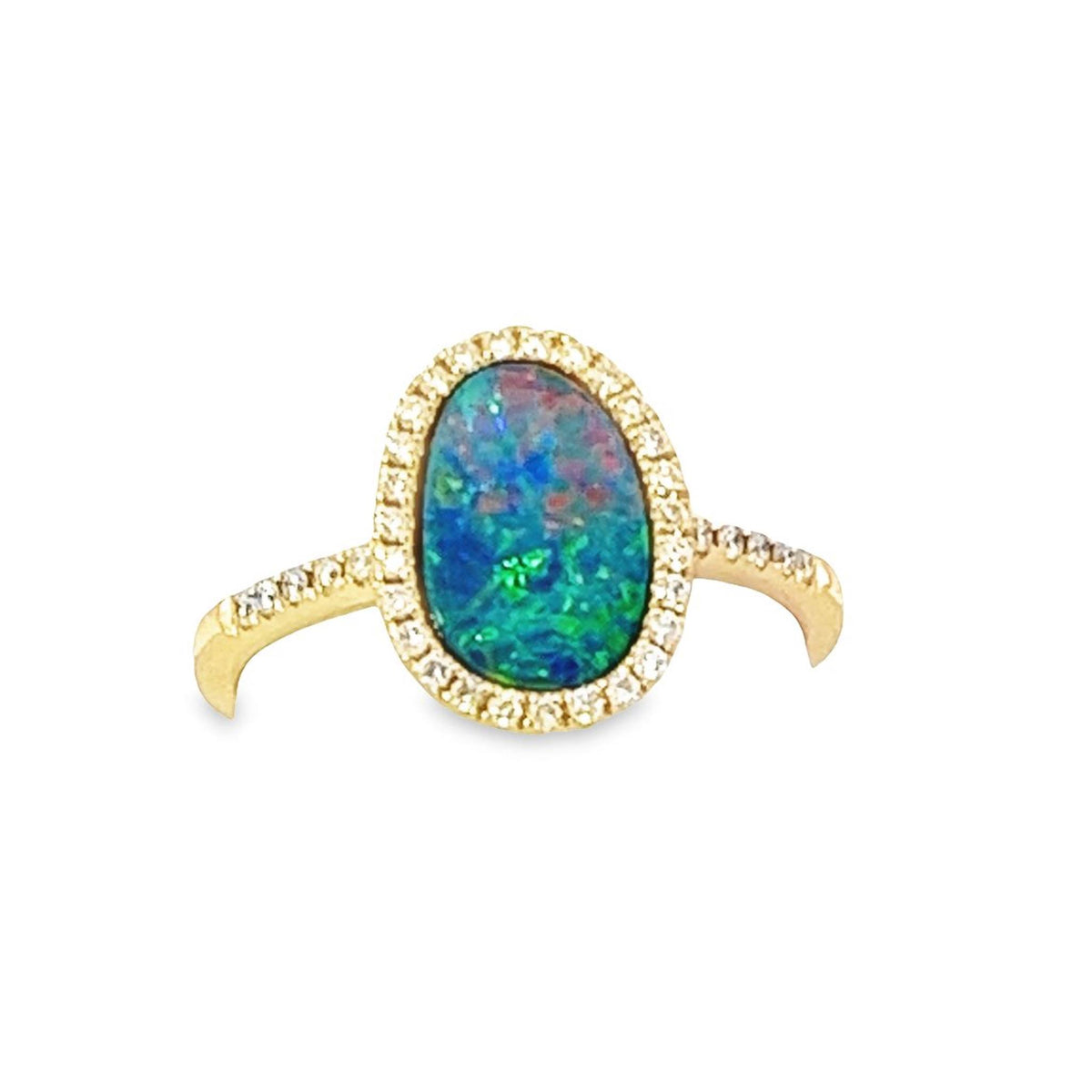 14Kt Yellow Gold Halo Ring With Australian Opal and Natural Diamonds
