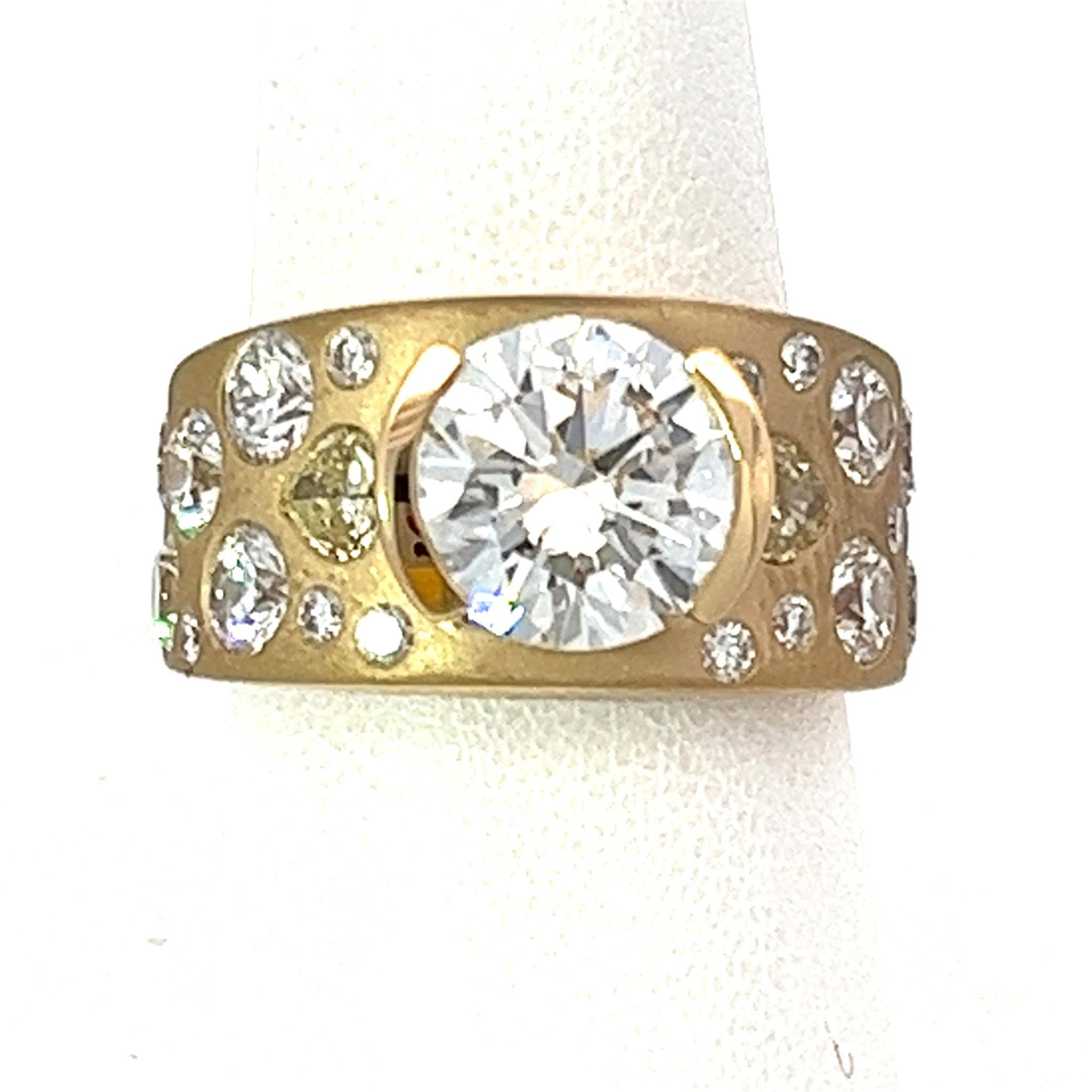 Custom Design:18kt Yellow Gold 11mm Wide Band with Half Bezel Set 3.02ct Round Center (H/VS2)  and Flush Set Diamonds 2.37cttw Heart Shaped Yellow Diamonds, 242.51cttw Round White Diamonds