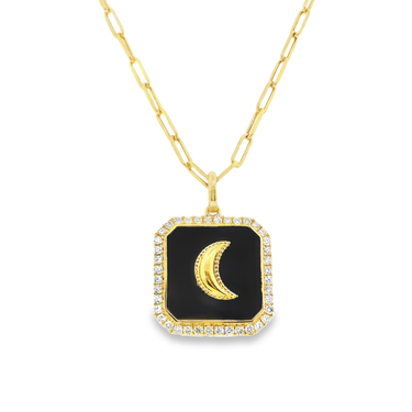 18Kt Yellow Gold Black Onyx with Moon & Natural Diamond Frame Pendant