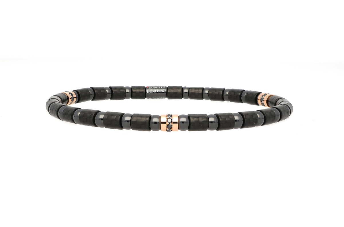 Roberto Demeglio Black Carbon Fiber and 18Kt Rose Gold Bracelet with.24cttw Natural Black Diamonds