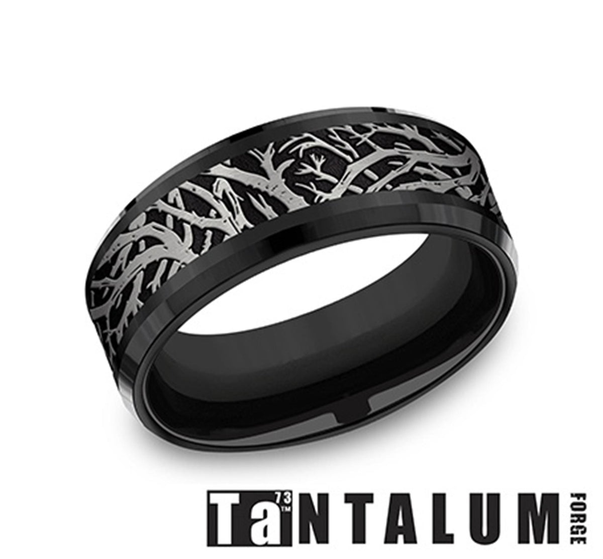 Tantalum & Black Titanium Band With Enchanted Forest Pattern