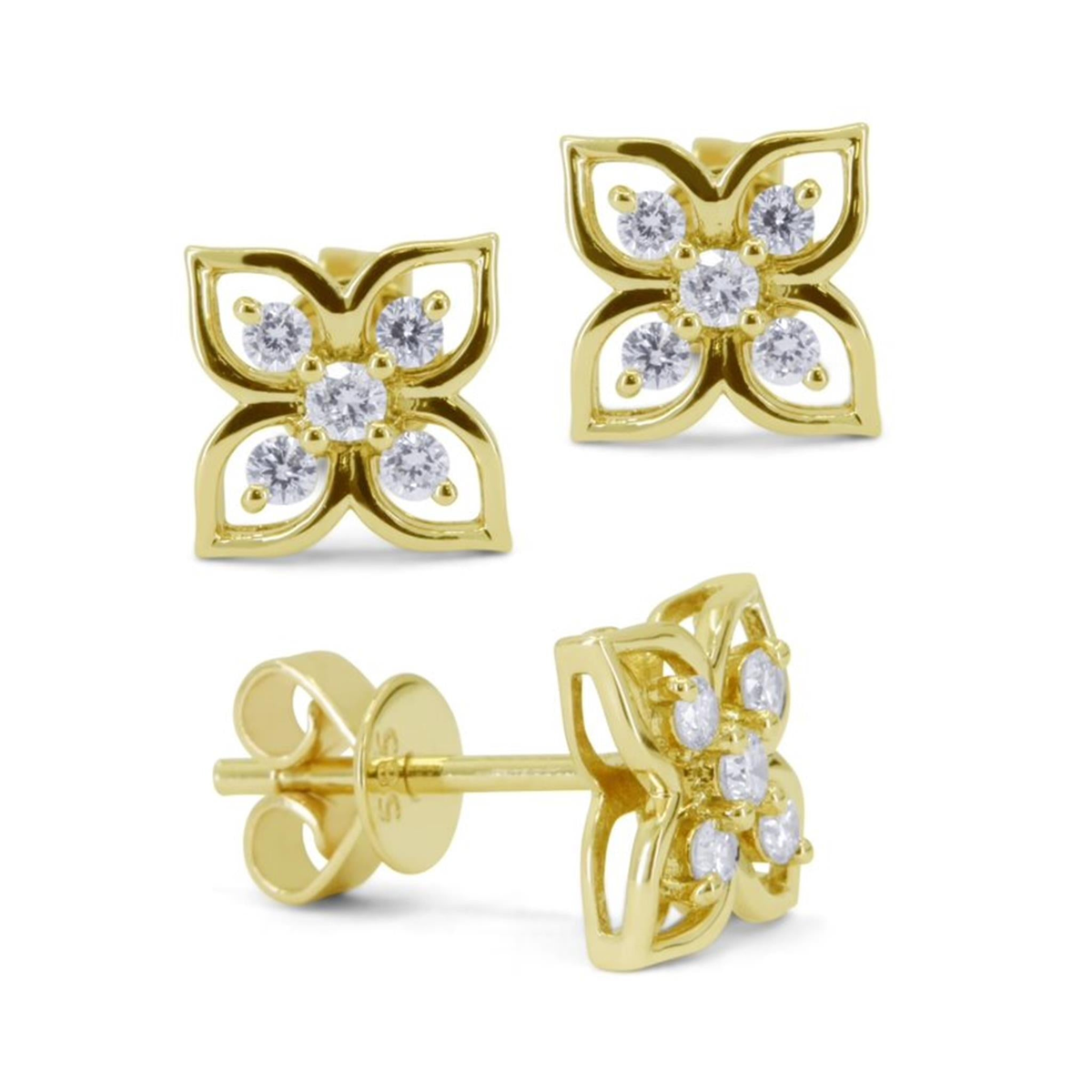 14Kt Yellow Gold Petal Stud Earrings With 10 Round Diamonds Totaling .20cttw