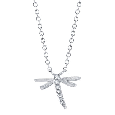 Shy Creation 14Kt White Gold Matte Dragonfly 0.03cttw Diamond Pendant On 18" Chain