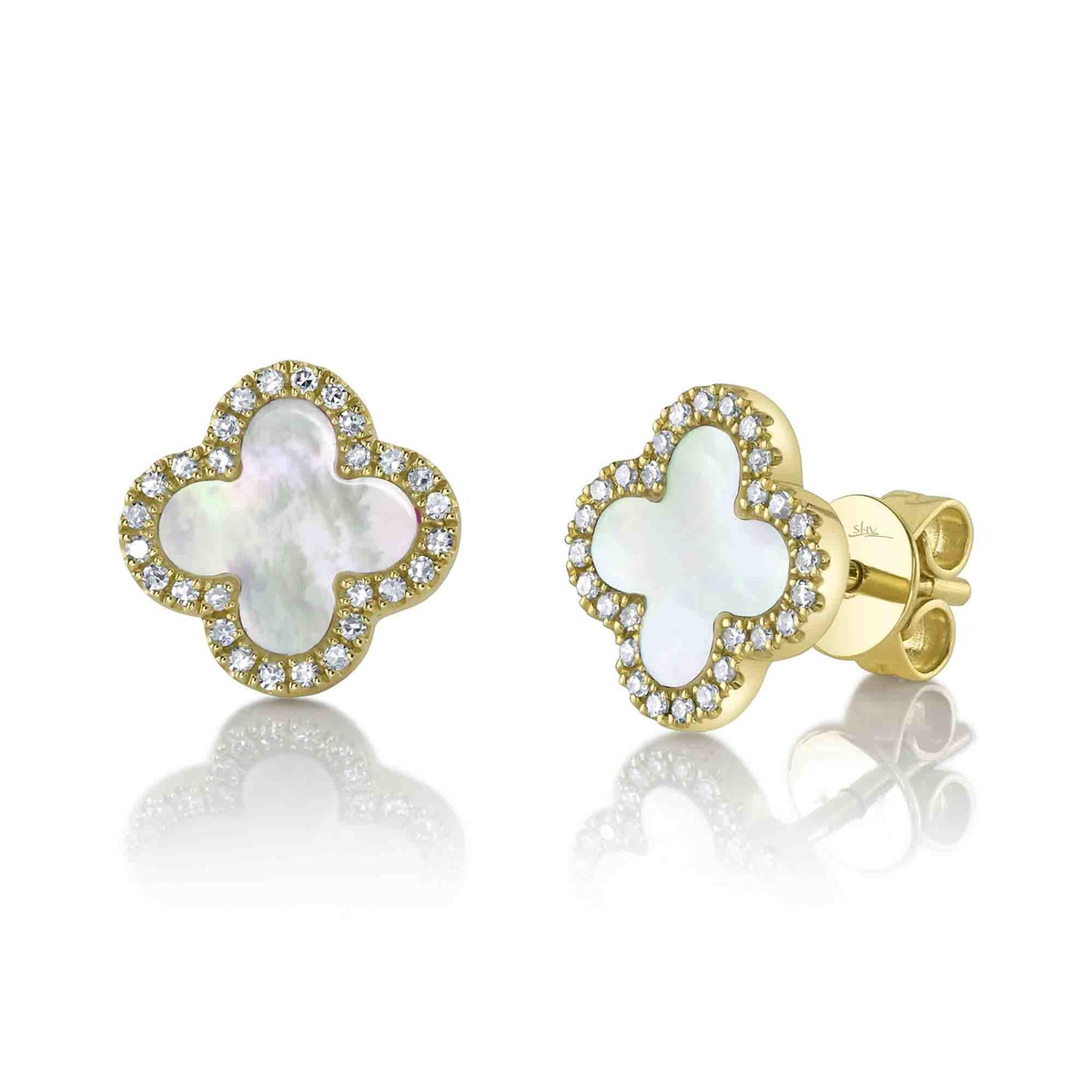 Shy Creation Gold Granada Mother of Pearl Diamond Stud Earrings