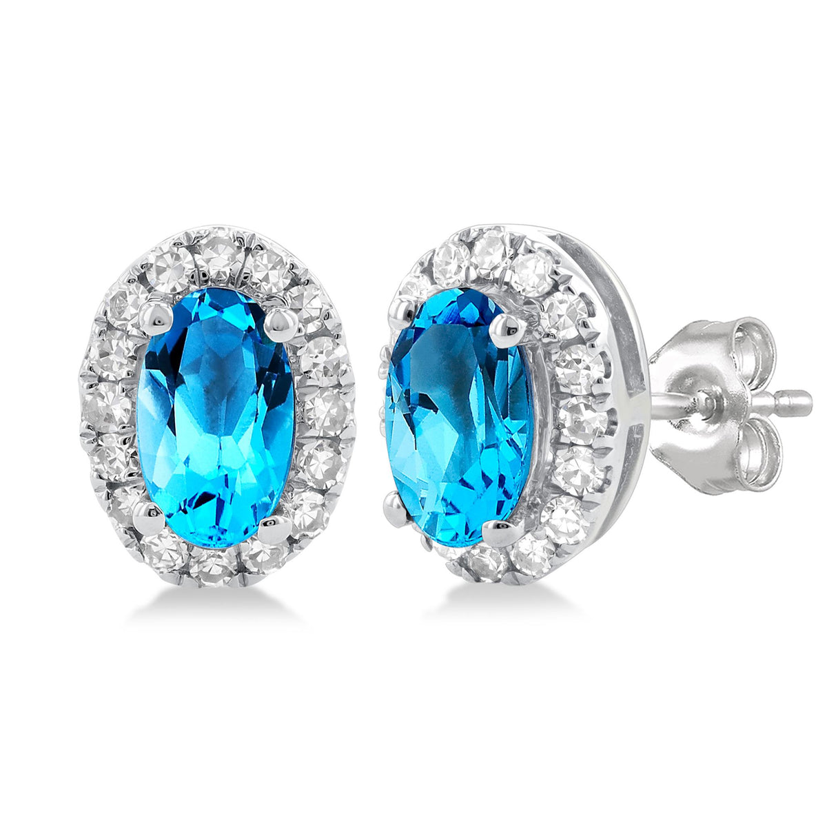 10Kt White Gold Oval Halo Stud Earrings with 5x3mm Blue Topaz