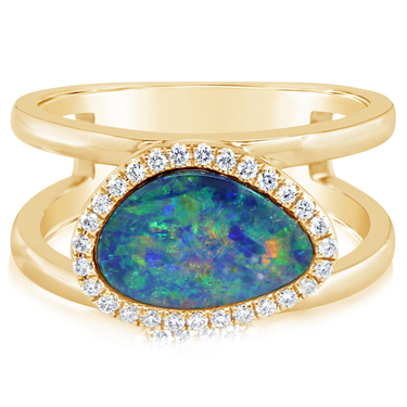14Kt Yellow Gold Ring with 1.88ct  Australian Opal Doublet and 28.16cttw Natural Diamonds (Color G-H, Clarity SI2)