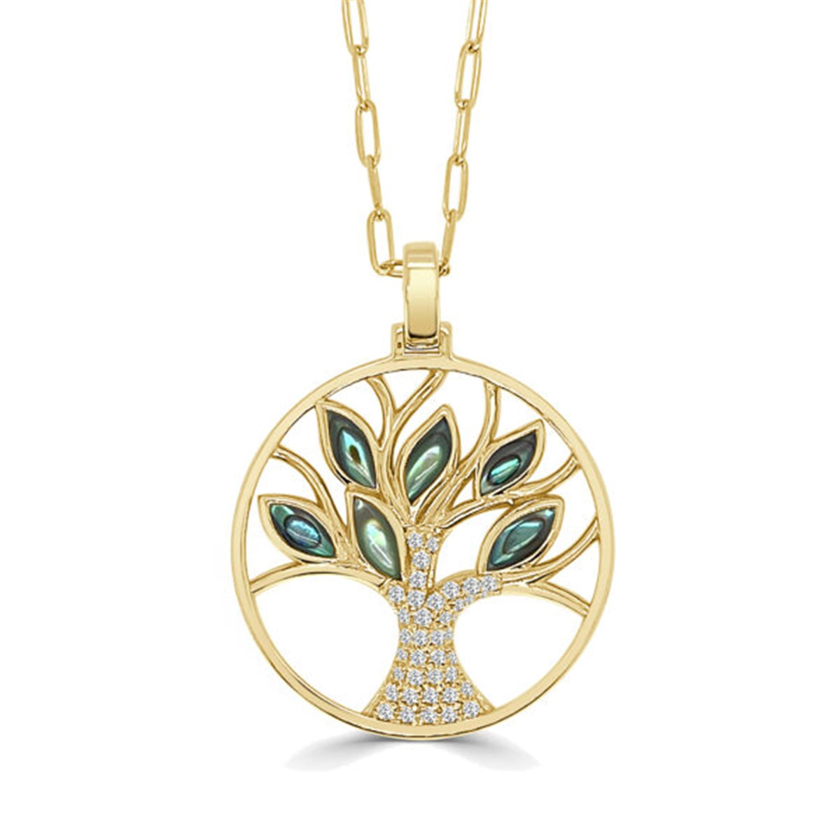 14K Yellow Gold Diamond Abalones Tree of Life Pendant on 18" Paperclip Chain