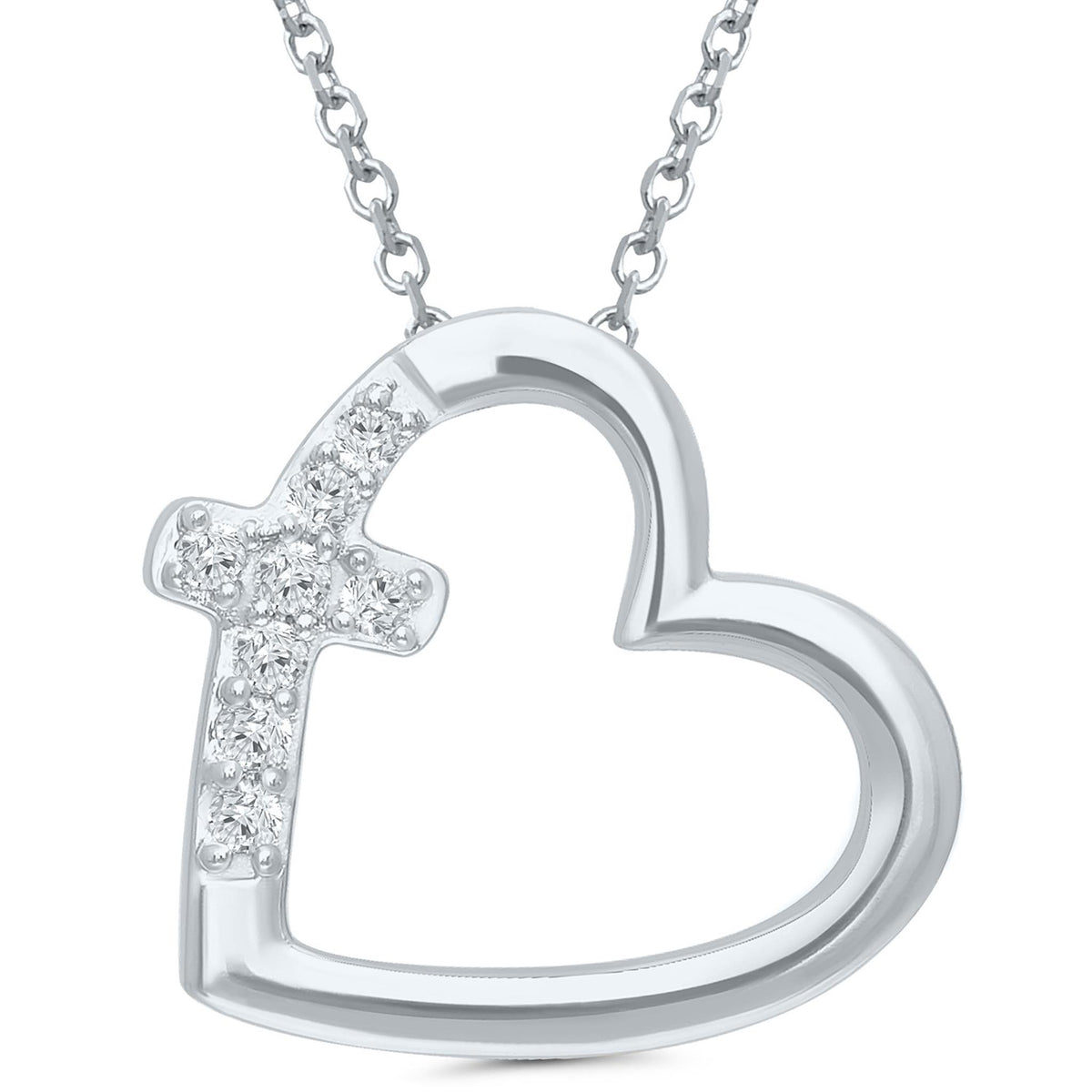 10K White Gold  Heart With Cross Pendant with .05cttw Round Diamonds