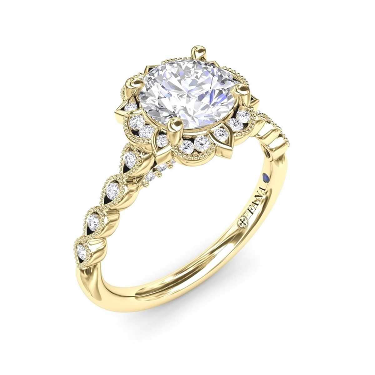 FANA 14Kt Yellow Gold Floral Halo Engagement Ring Mounting - Round Center Stone Sold Separately