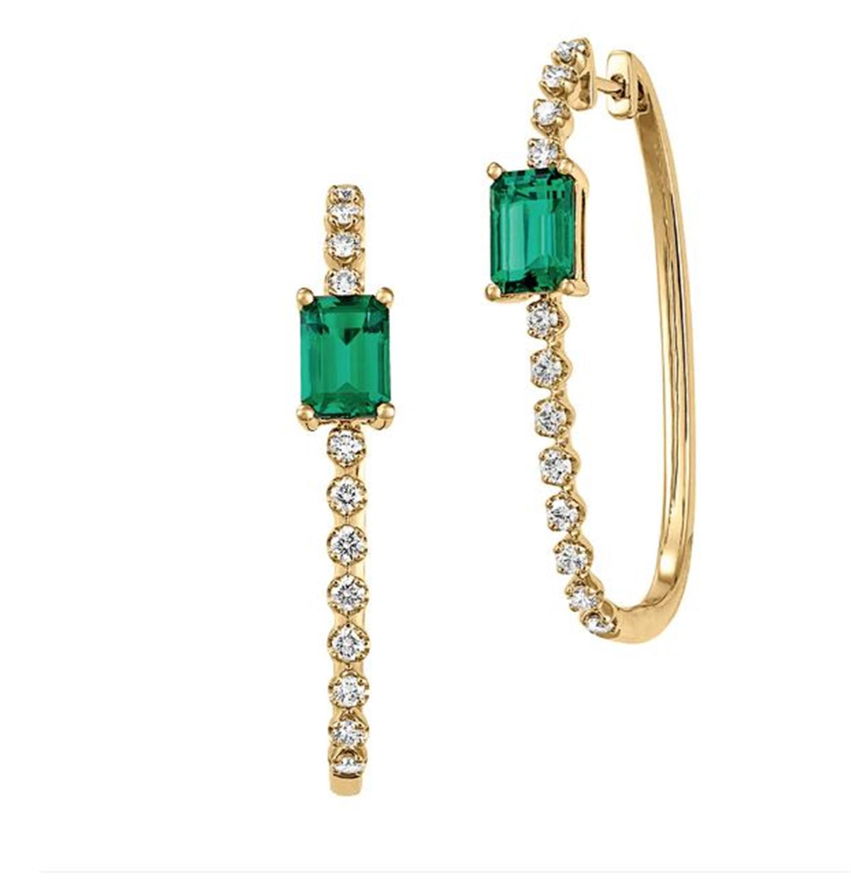 14Kt Yellow Gold Oval Hoop Earrings With 1.74ct Chatham Lab Grown Emeralds