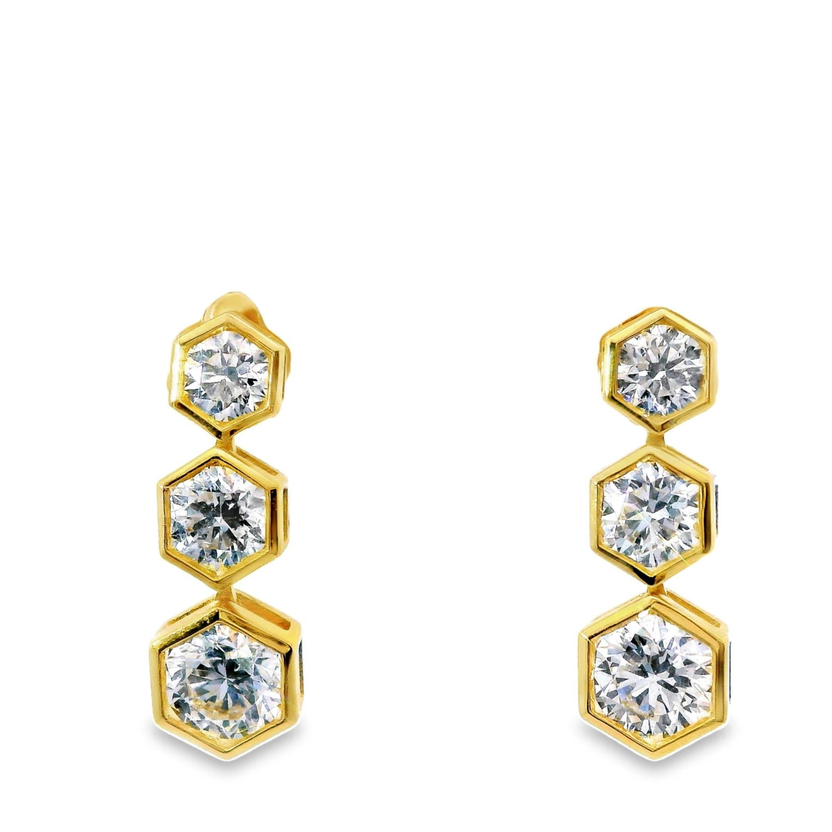 18Kt Yellow Gold Diamond Earrings with 62.08cttw Natural Diamonds Set in Graduated Hexagon Bezels with Post Backs