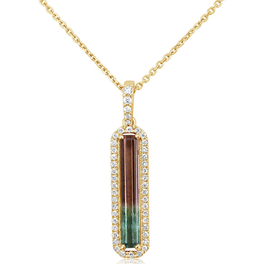 14Kt Yellow Gold Halo Pendant with Bi-Color Tourmaline