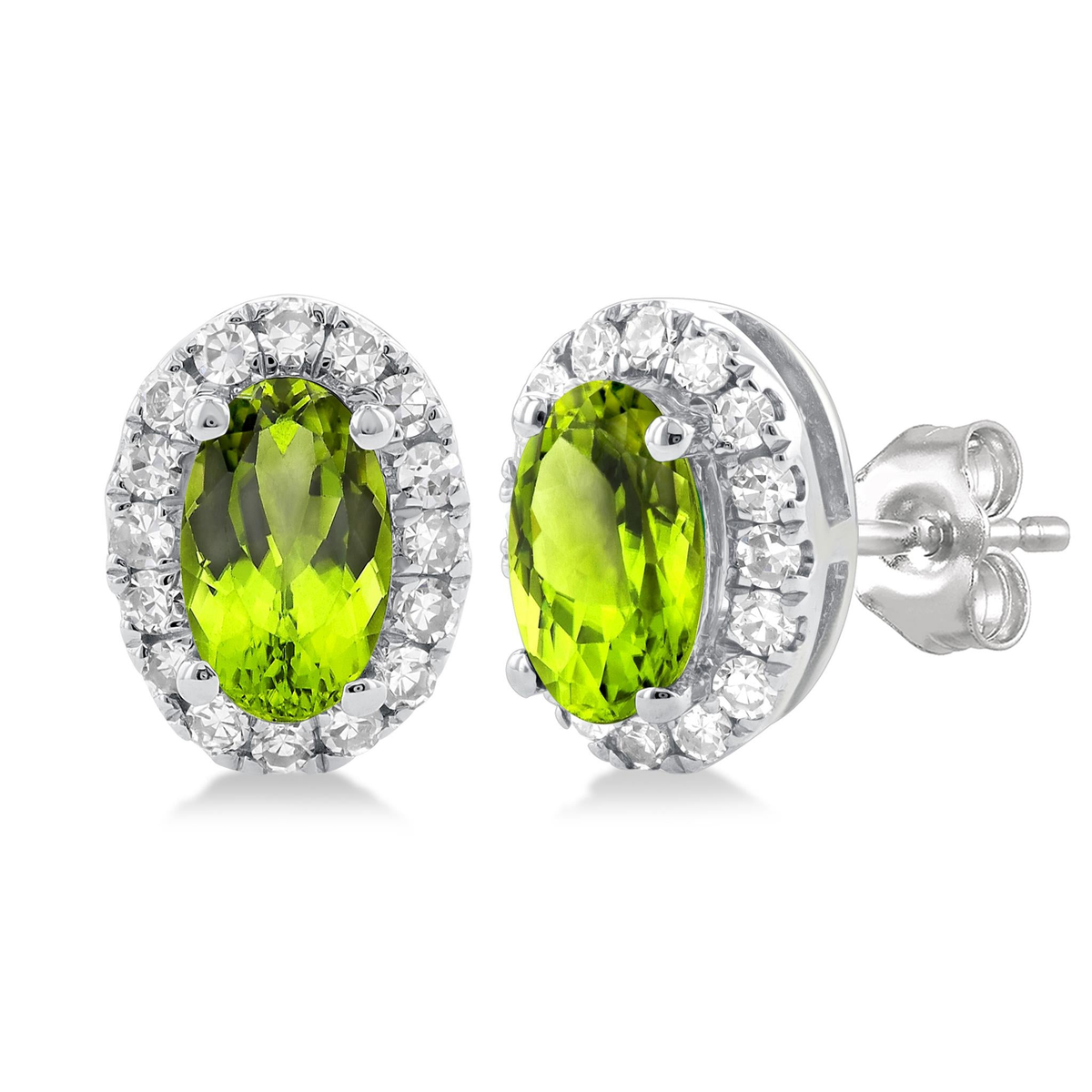 10Kt White Gold Oval Halo Stud Earrings with 5x3mm Peridot, 32.13cttw Natural Diamonds (Color I-J, Clarity I1), and Locking Friction Backs