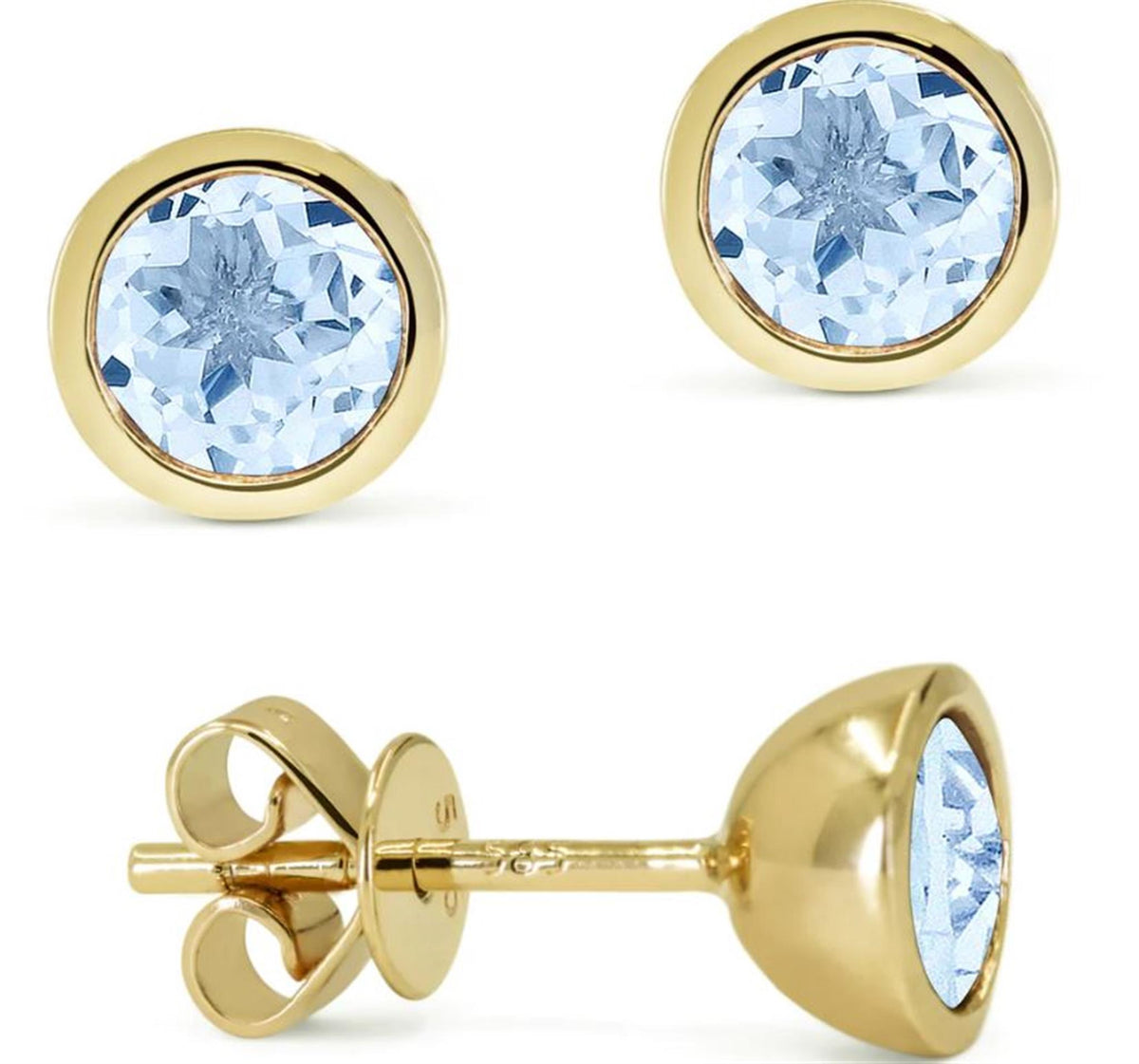 14Kt Yellow Gold Stud Earrings with Bezel Set Aquamarines