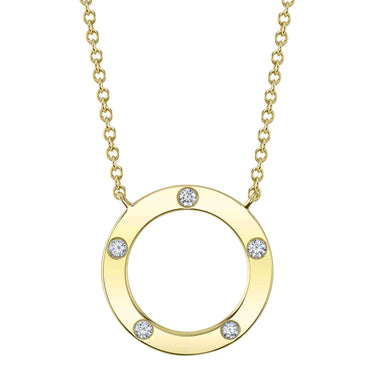 Shy Creation 14Kt Yellow Gold Open Circle Pendant with 5 = .07cttw Natural Bezel Set Diamonds (Color H, Clarity SI1) on an 18" Adjustable Cable Chain with a Lobster Clasp