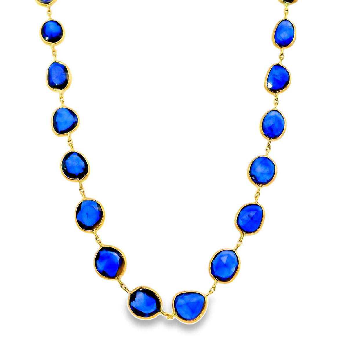 14Kt Yellow Gold 18" Adjustable Necklace with 17cttw Natural Bezel Set Blue Sapphire Slices