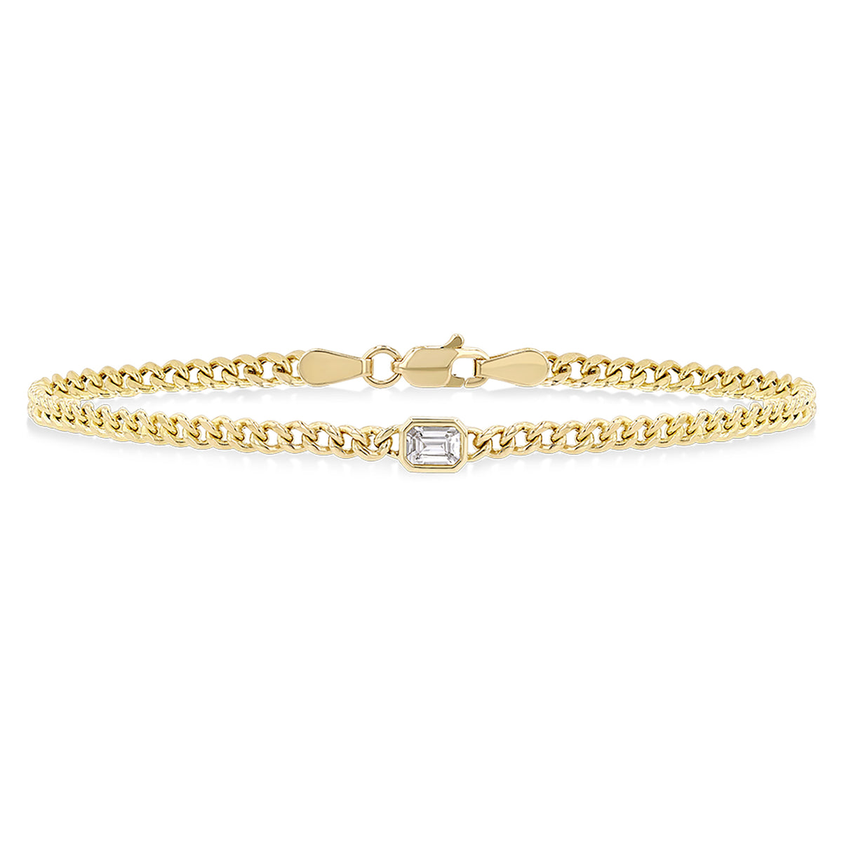 14Kt Yellow Gold 0.25ct Emerald-Cut Bezel Set Diamond Curb Bracelet