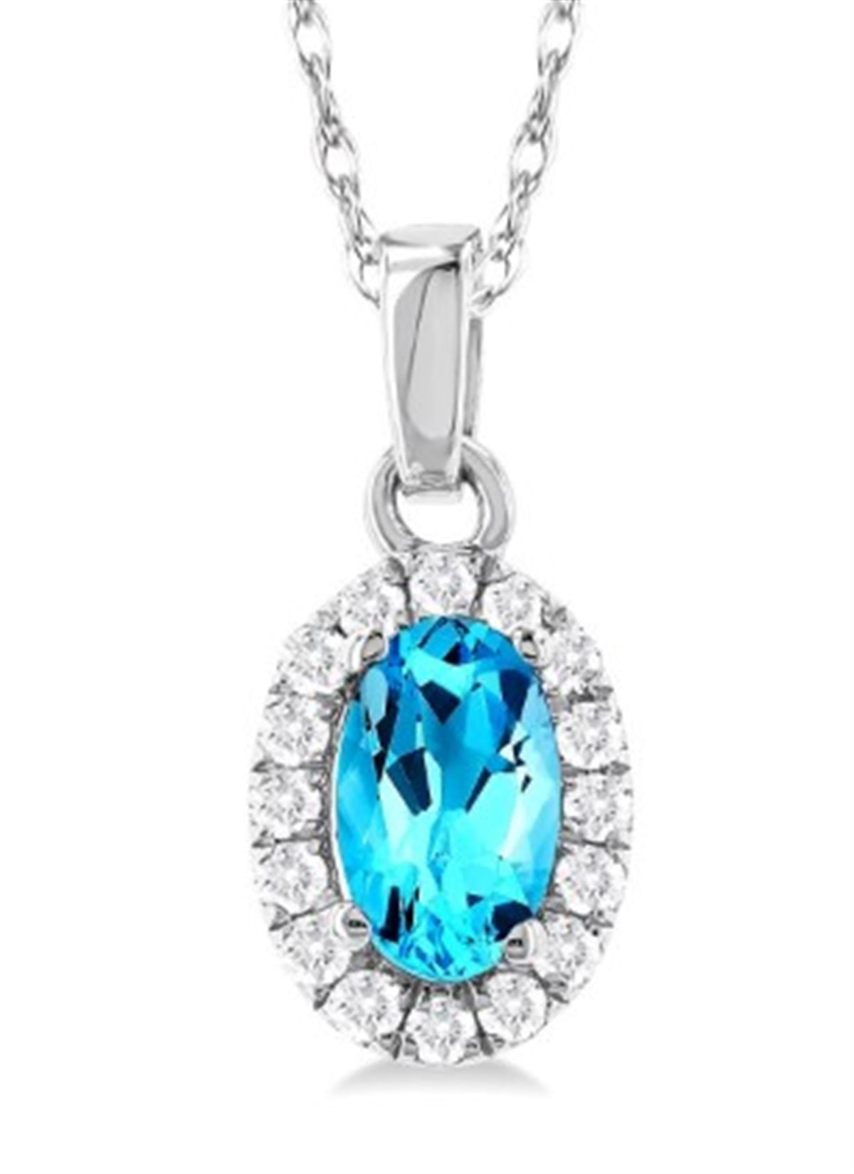 10Kt White Gold Center Of My World Halo Pendant With Blue Topaz and Natural Diamonds