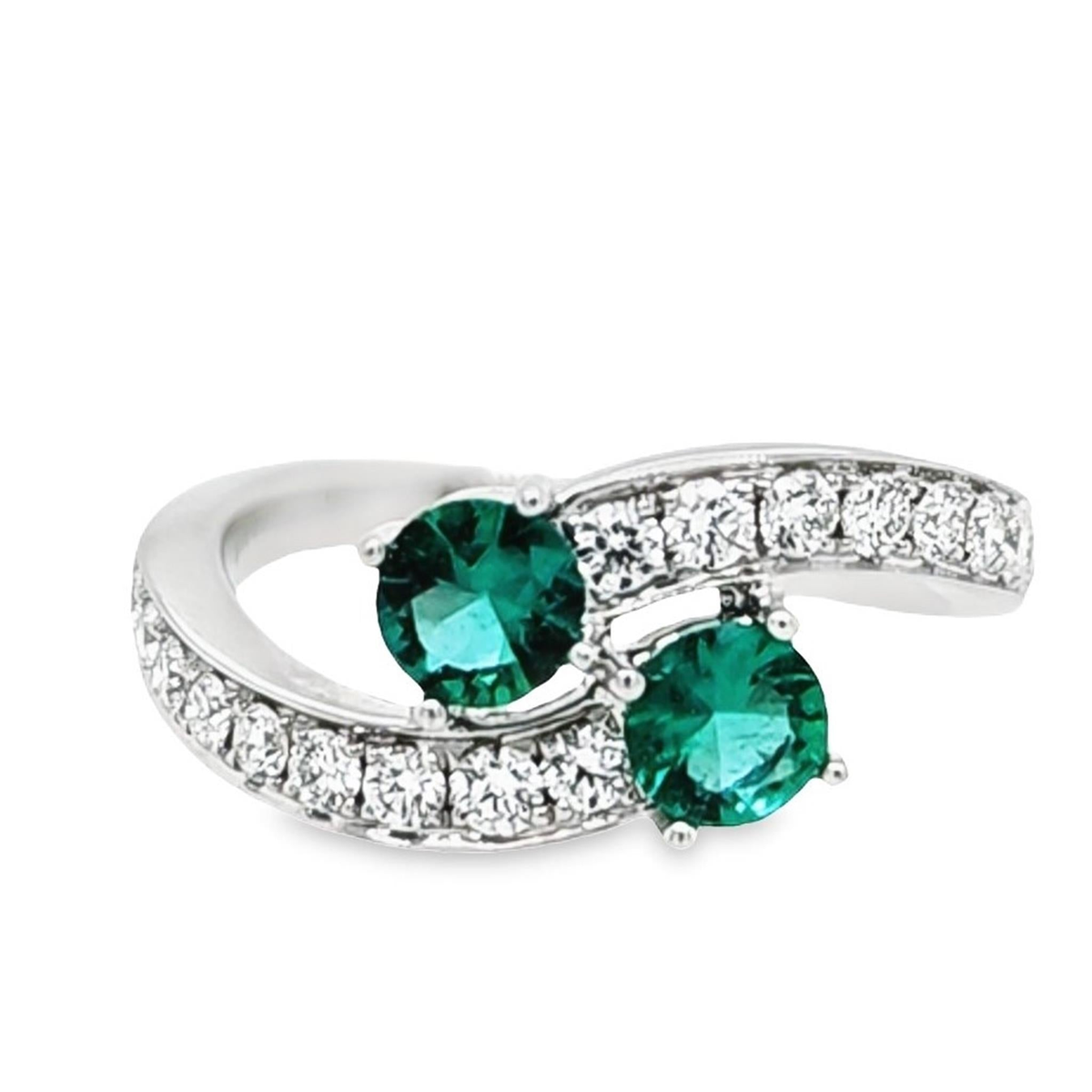 18Kt White Gold Natural Emerald Bypass Diamond Ring