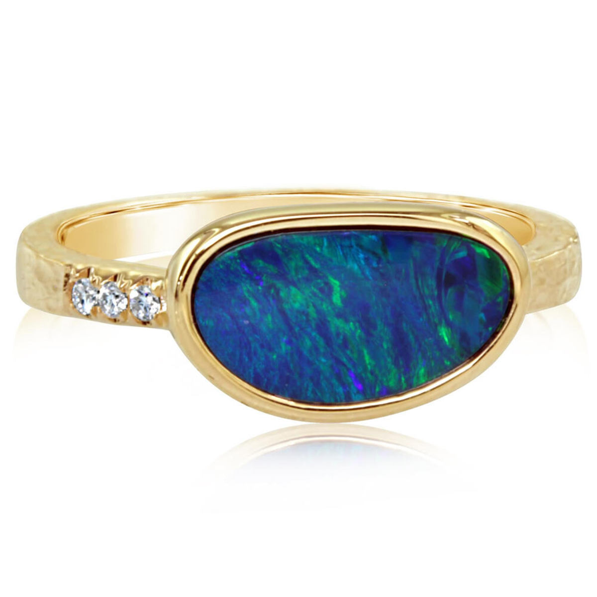 14Kt Yellow Gold Bezel Set Australian Opal Doublet & Diamond Ring