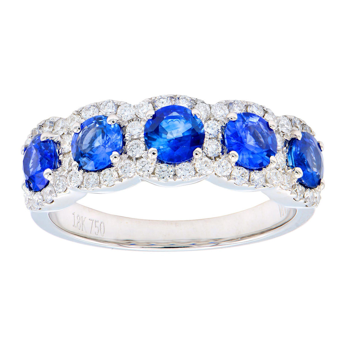 18K White Gold 5-Stone Blue Sapphire Diamond Halo Ring with 1.58ct Sapphires and .43cttw Natural Diamonds - Size 6.5
