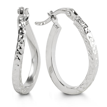Bella Gold Collection 10Kt White Gold Diamond-Cut Wavy Oval Hoop Earrings
