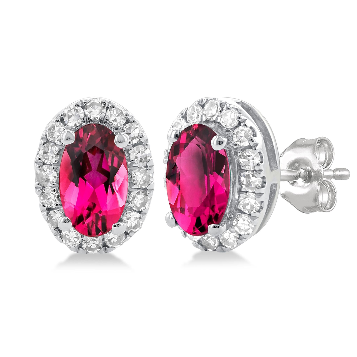 10Kt White Gold Oval Halo Stud Earrings with 5x3mm Pink Tourmaline, 32.13cttw Natural Diamonds (Color I-J, Clarity I1), and Locking Friction Backs