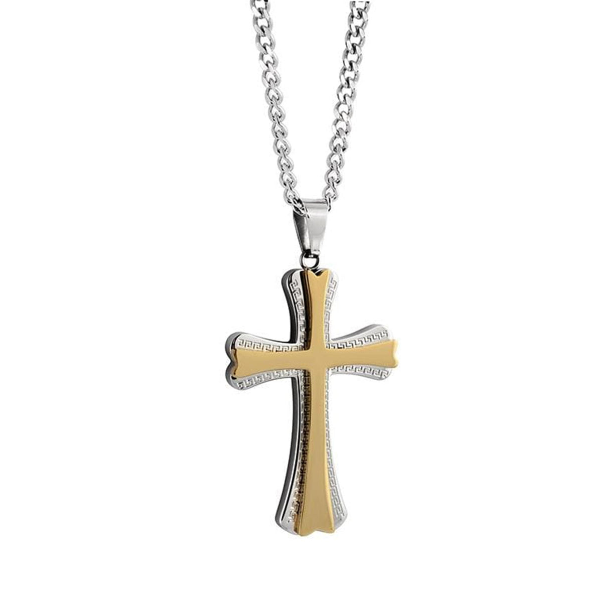 Italgem Stainless Steel Noam Greek Key Cross Pendant with Gold IP Plated Center Necklace